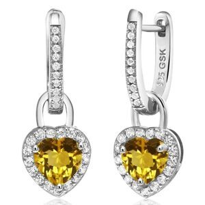 925 Sterling Silver 1.90 Cttw Citrine and White Sapphire Heart Drop Earrings